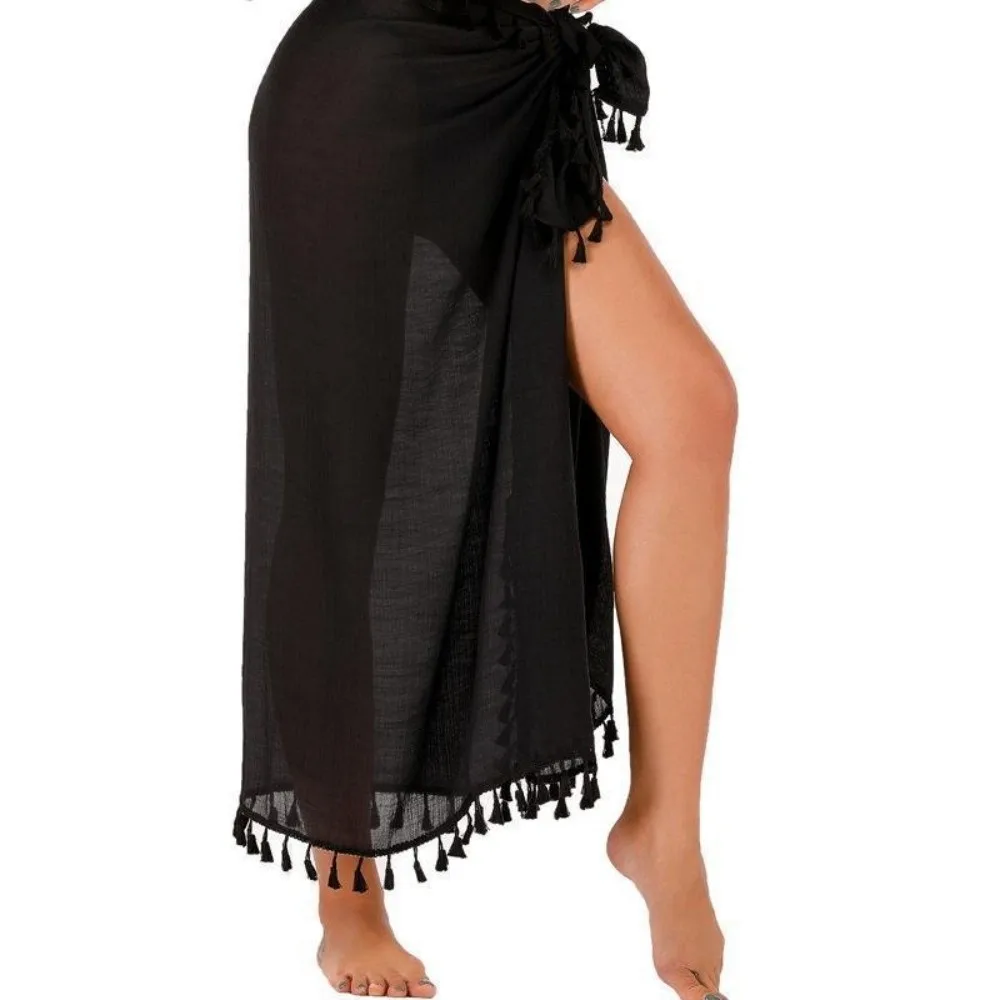 Solid Color Beach Wrap Skirt Quick Drying Sheer Design Sarong Beach Towel Tassel Trim Knot Side Bikini Cover Up