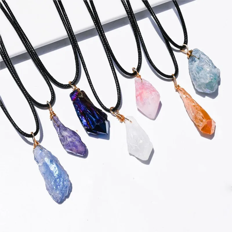 Natural crystal electroplated seven-color backbone crystal tooth pendant irregular crystal cluster necklace hanging ornaments