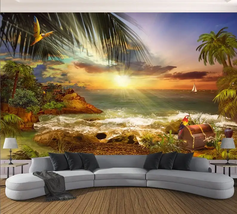 Island Beach Wallpaper Beach Sea Ocean Wave Landscape Self Adhesive Peel And Stick Removable Wall Mural