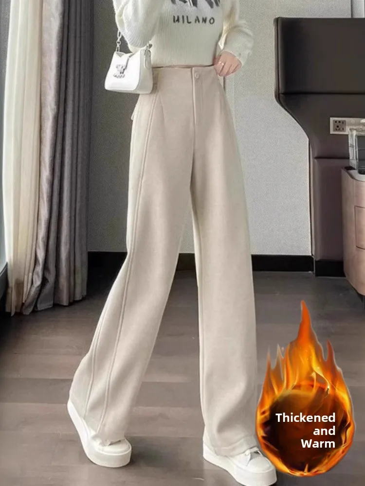 ハイウエストワイドレッグパンツ レディース 裏起毛ストレート冬用パンツ バナナサイスパンツ カジュアルロングパンツ