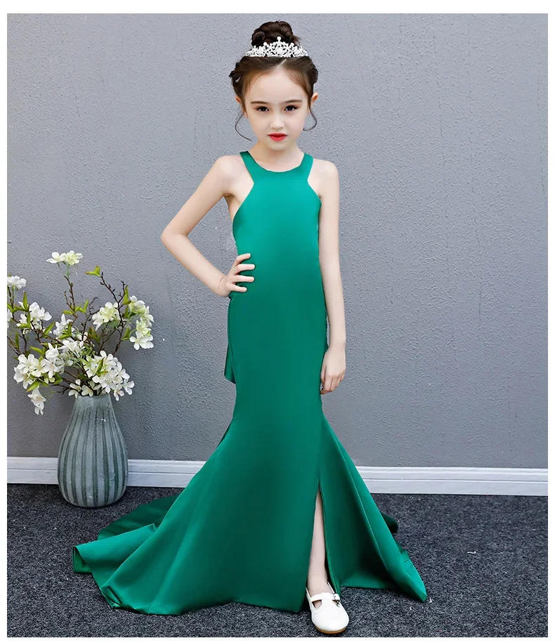 Mermaid Princess Dress Backless Long Tailing Hanging Neck Kids Pageant Dress for Birthday Party Halter Bodycon Girl Evening Gown