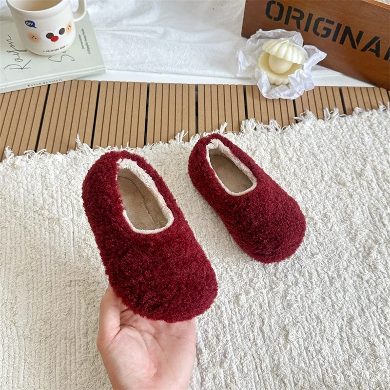Children Cotton Slippers Solid Warm Kids New 2025 Winter Outdoor Shoes Boys Girls Plush Flats Soft Sole Anti-slip Cotton Shoes