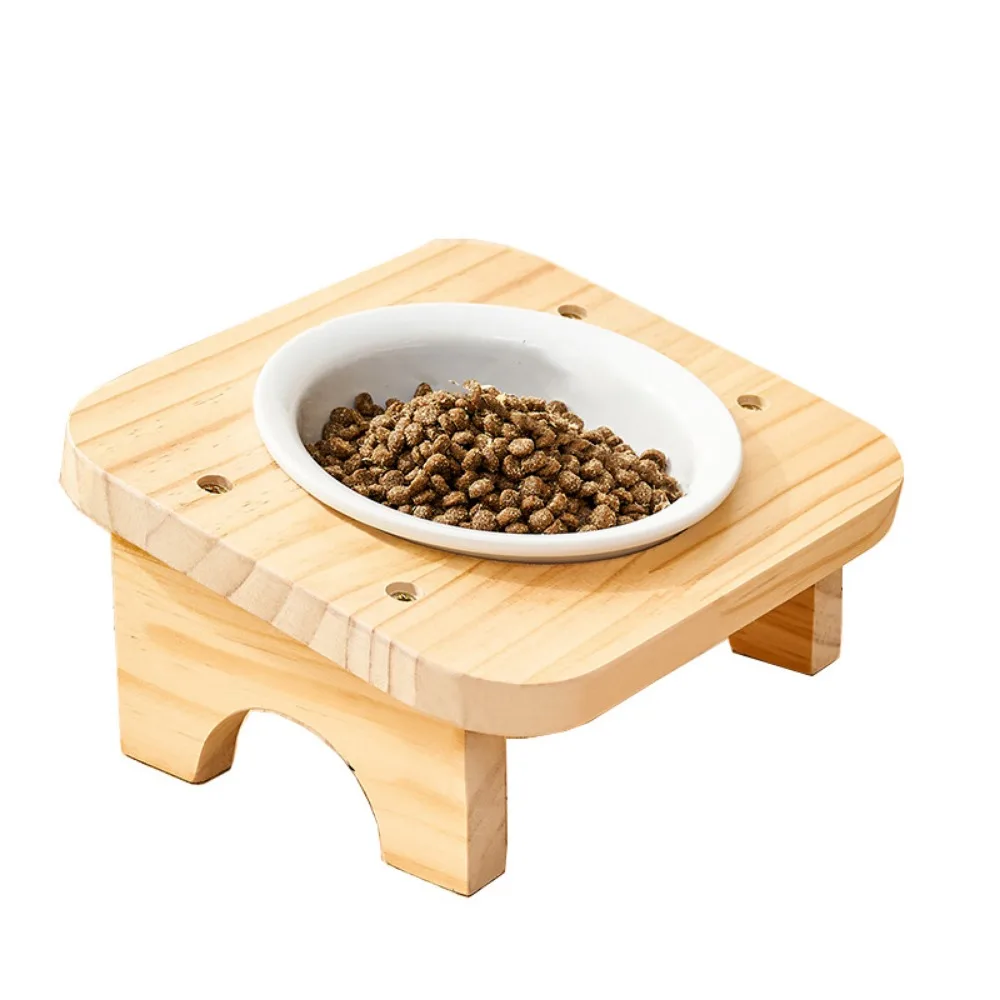 

with Wood Stand Ceramic Cats Bowl Protect Cervical Spine 1/2/3 Bowls Elevated Pet Feeder Detachable Non-Slip