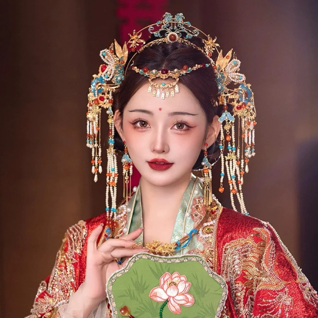 

Luxury Ming Dynast Phoenix Blue Bride Headdress Hanfu National Vintage Chinese Style Xiuhe Hair Accessories