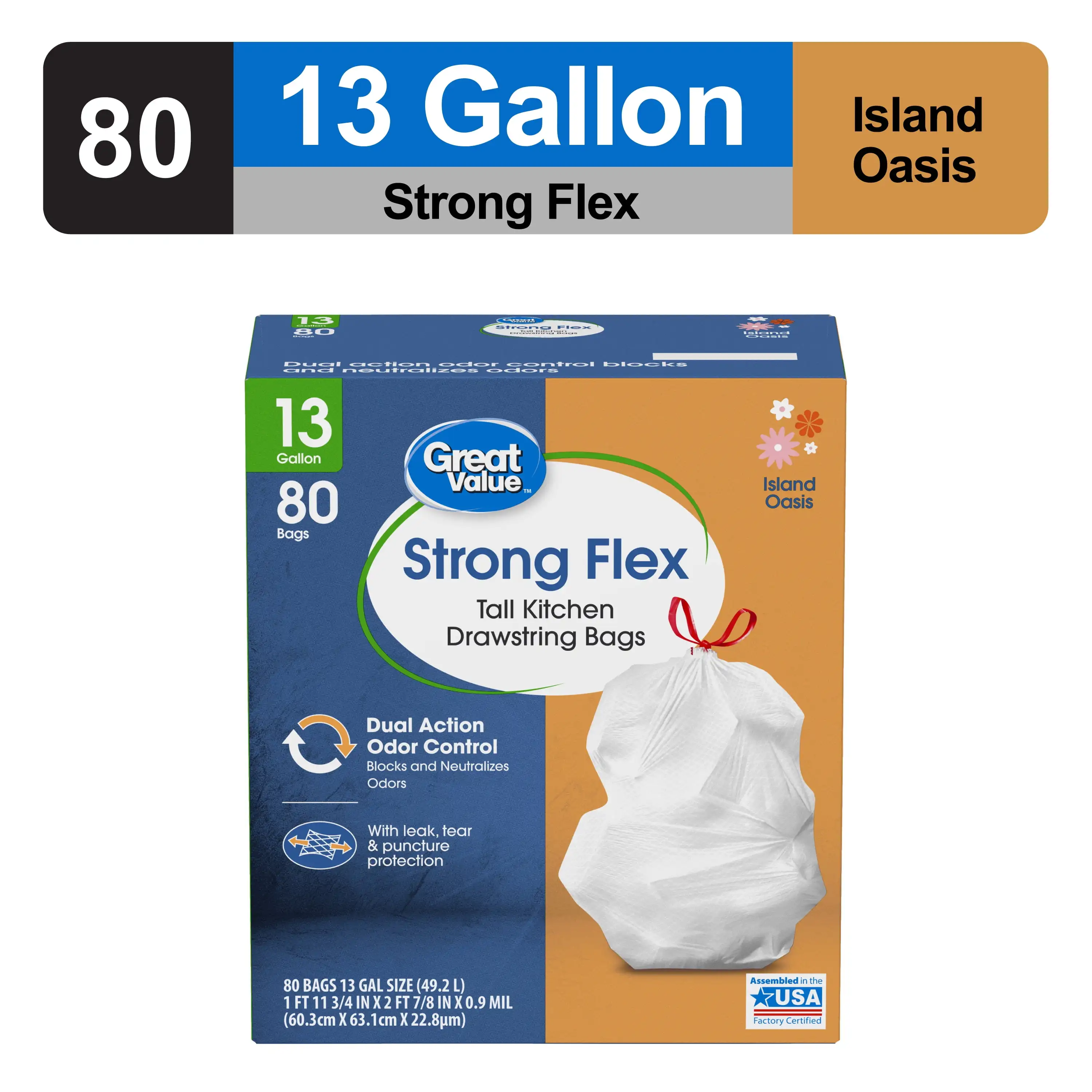 

Strong Flex Tall Kitchen Drawstring Bags, Island Oasis, 13 Gallon, 80 Count Flexible strength resists sharp or heavy garbage