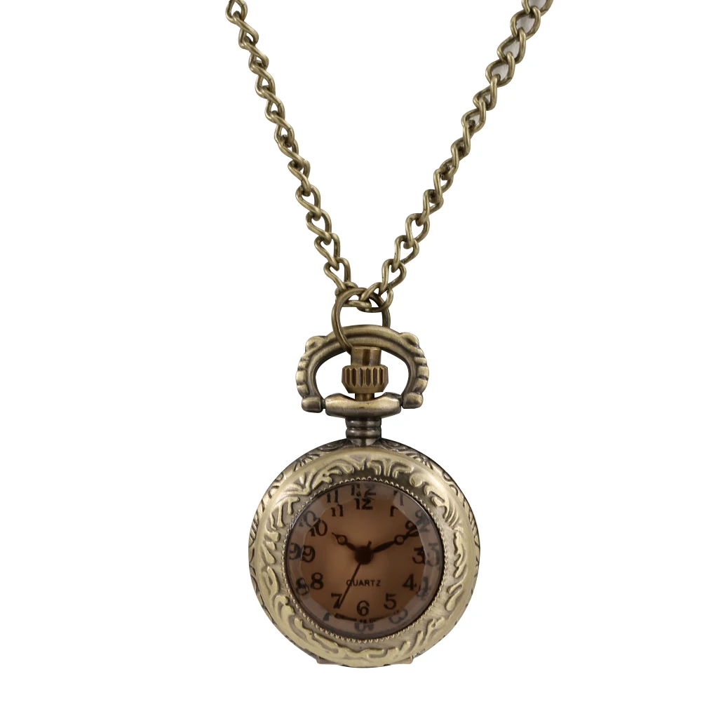 Reloj de bolsillo de cuarzo de tamaño pequeño para mujeres y niñas, collar de suéter, cadena, bronce, vidrio marrón