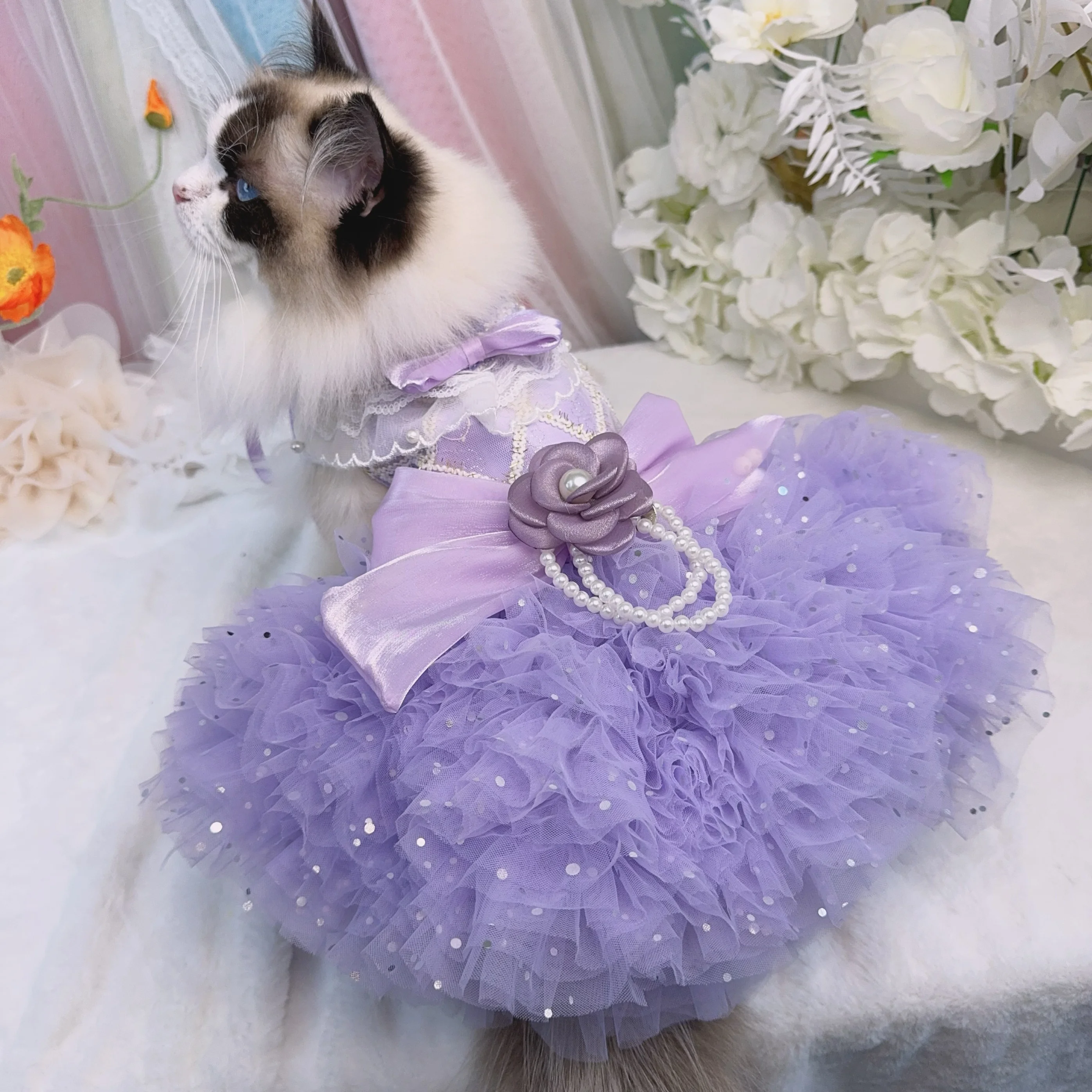 High-end Luxury Purple Pet Dog Clothes Fashion Spring Summer  Handmade Pearl Bow Lace Princess Dress For Small Medium Dog Poodle