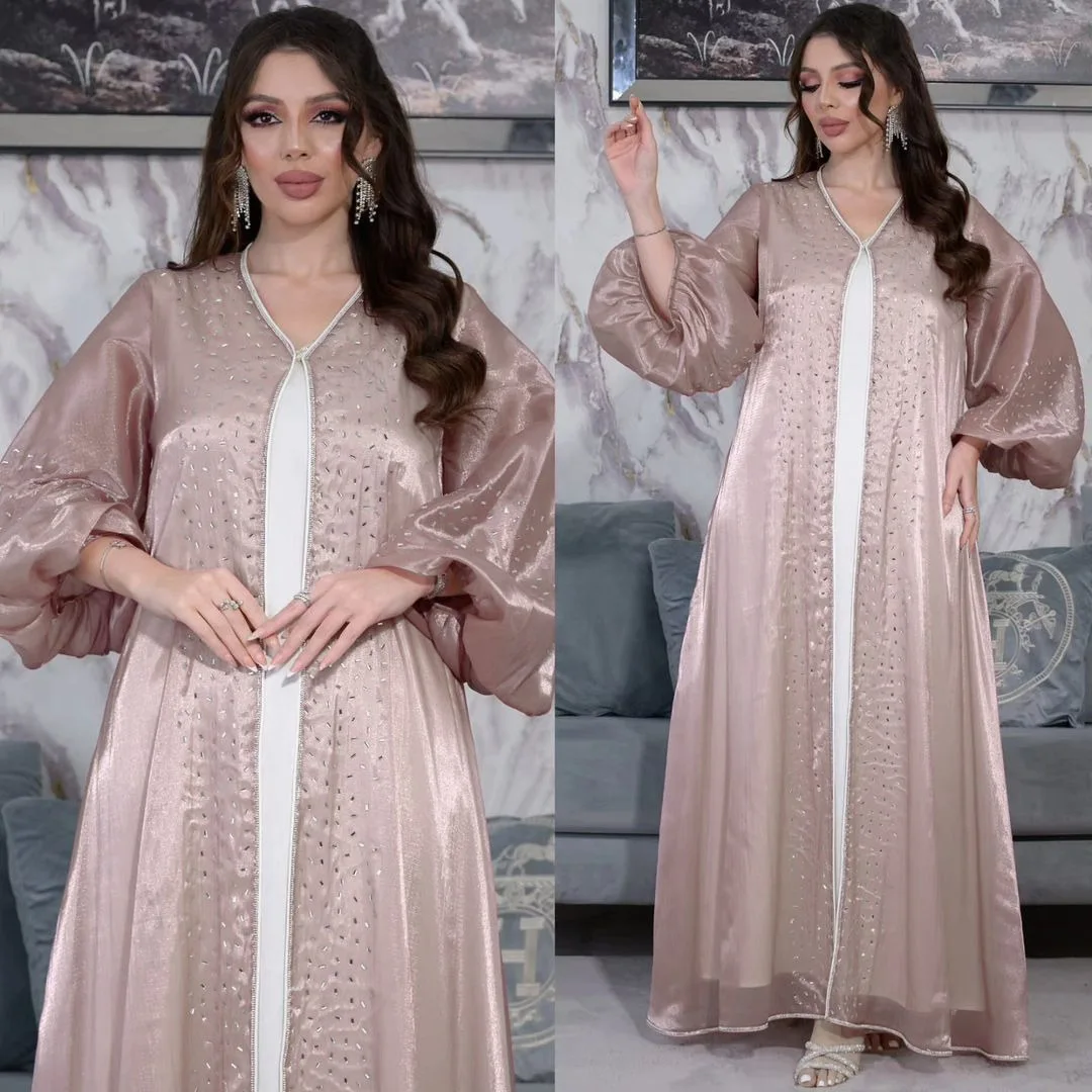 XQY500362 Arab women's glossy satin rhinestone commuting robe dress+vest