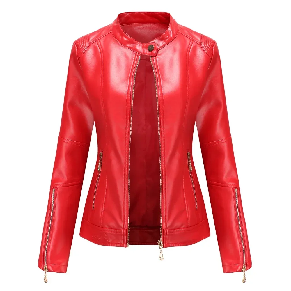 Faux Leather Jacket Women 2024 New Korean Motorcycle Coat for Women Moto Biker Zipper Jacket Red Black Beige Green XS XXS Navy