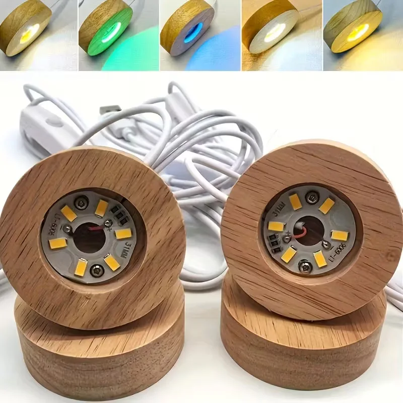 Runde Tischlampe aus Holz mit USB-betriebenem LED-Beleuchtungssockel, Schreibtischlampe mit Warmweiß/RGB, ideales Geschenk für das Schlafzimmer im Home Office