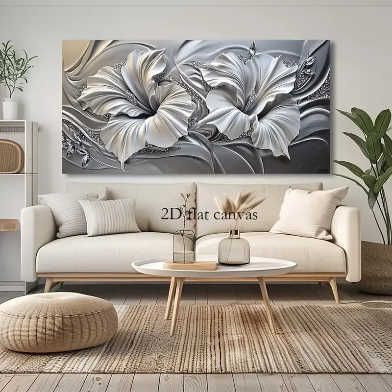 Flat lay silver floral abstract decorative poster, home decor for living room bedroom office, high quality print, frameless