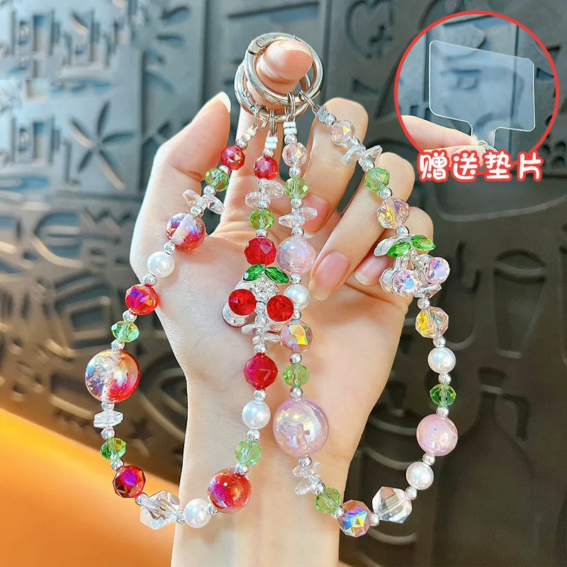 Korean Style Cute Red Cherry Bow Pearl Phone Chain Lanyard for Girls iPhone Wrist Strap Bead Hanging Cord Keychain Accessory