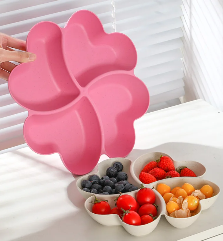 Dried Wheat Straw Four-Leaf Clover Fruit Plate Compartmentalized Snack Box Home Living Room Candy Tray Eco-Friendly