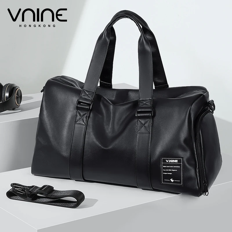 V.NINE Mens Leather Travel Bag Black Traveling Shoulder Bags for Man Luggage Duffle Handbag with Shoe Compartment Waterproof 25l