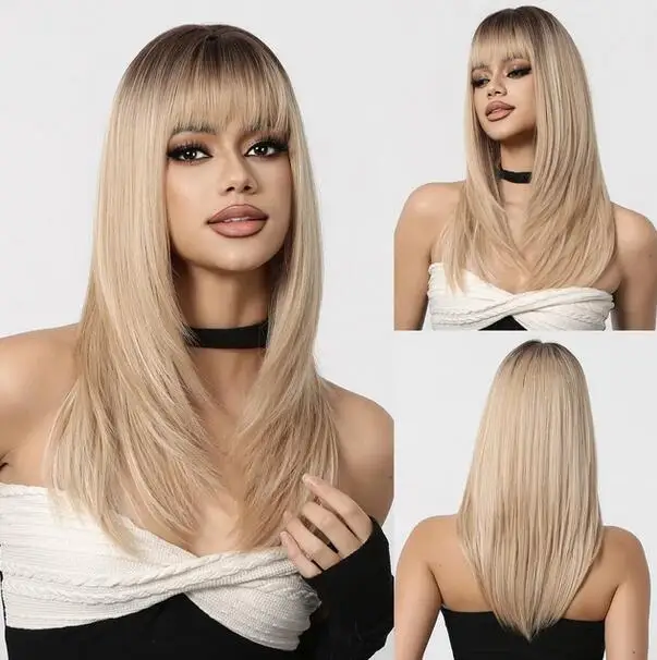 

Rice Blonde Synthetic Wig with Bangs Medium Length Straight Natural Hair Dark Roots Cosplay Daily Wigs for Women Heat Resistant