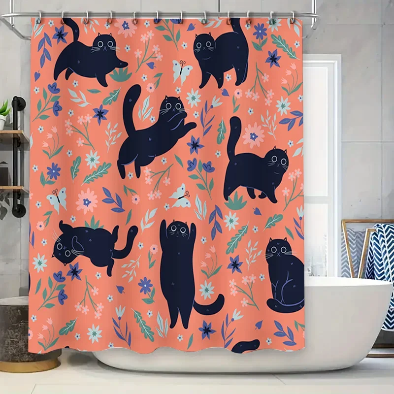 

Занавеска для душа с изображением кота, цветочный дизайн, розовый фон, принт черных кошек, декор для ванной комнаты, водонепроницаемая ткань, милые аксессуары для дома,