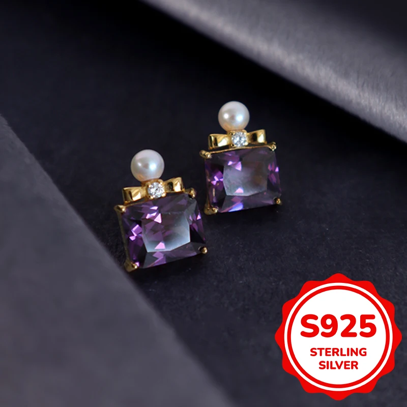 

S925 sterling silver purple zircon pearl stud earrings for women's retro perfume bottle styling fashionable classic exquisite