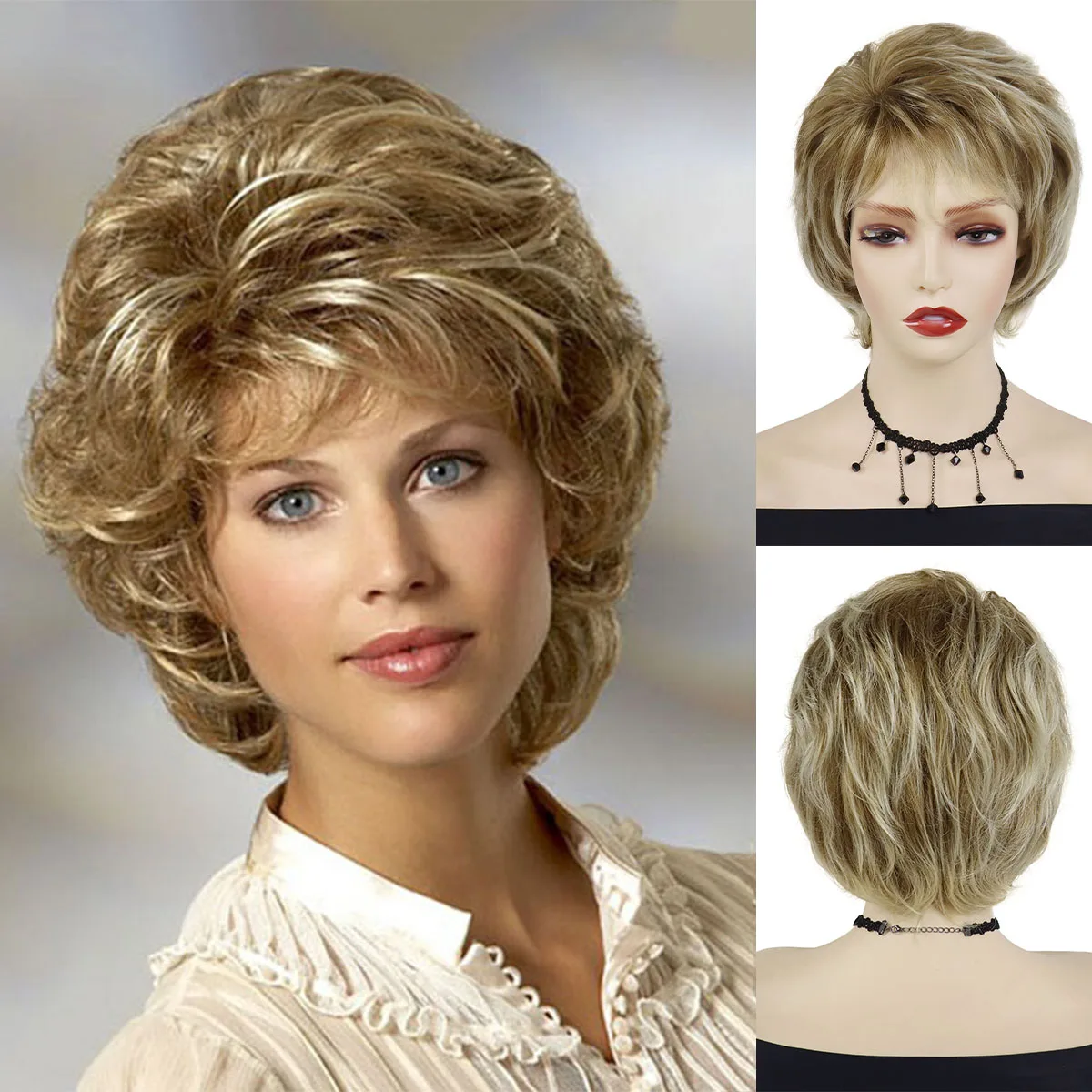 

Synthetic Short Blonde Curly Wig for Women Natural Hair Styles Mommy Wigs with Bangs Short Haircut Old Lady Gifts Mother Grandma