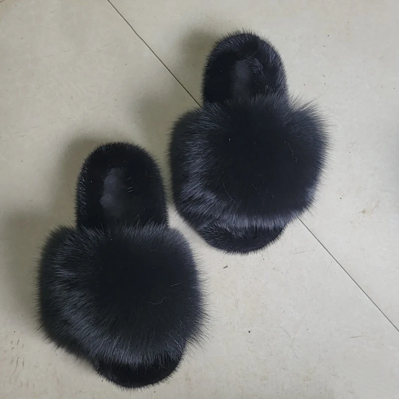 Womens Fox Fur Slippers, Luxury Fluffy Fur Slippers Ladies Indoor Warm Furry Thongs Women Amazing Plush Warm Fur Slides