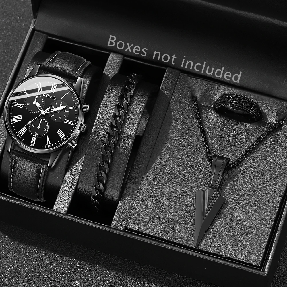 Conjunto de reloj negro para hombre, 4 Uds., tendencia de negocios, versátil, escala Digital romana, reloj de cuarzo, pulsera, collar, anillo, conjunto de regalo perfecto