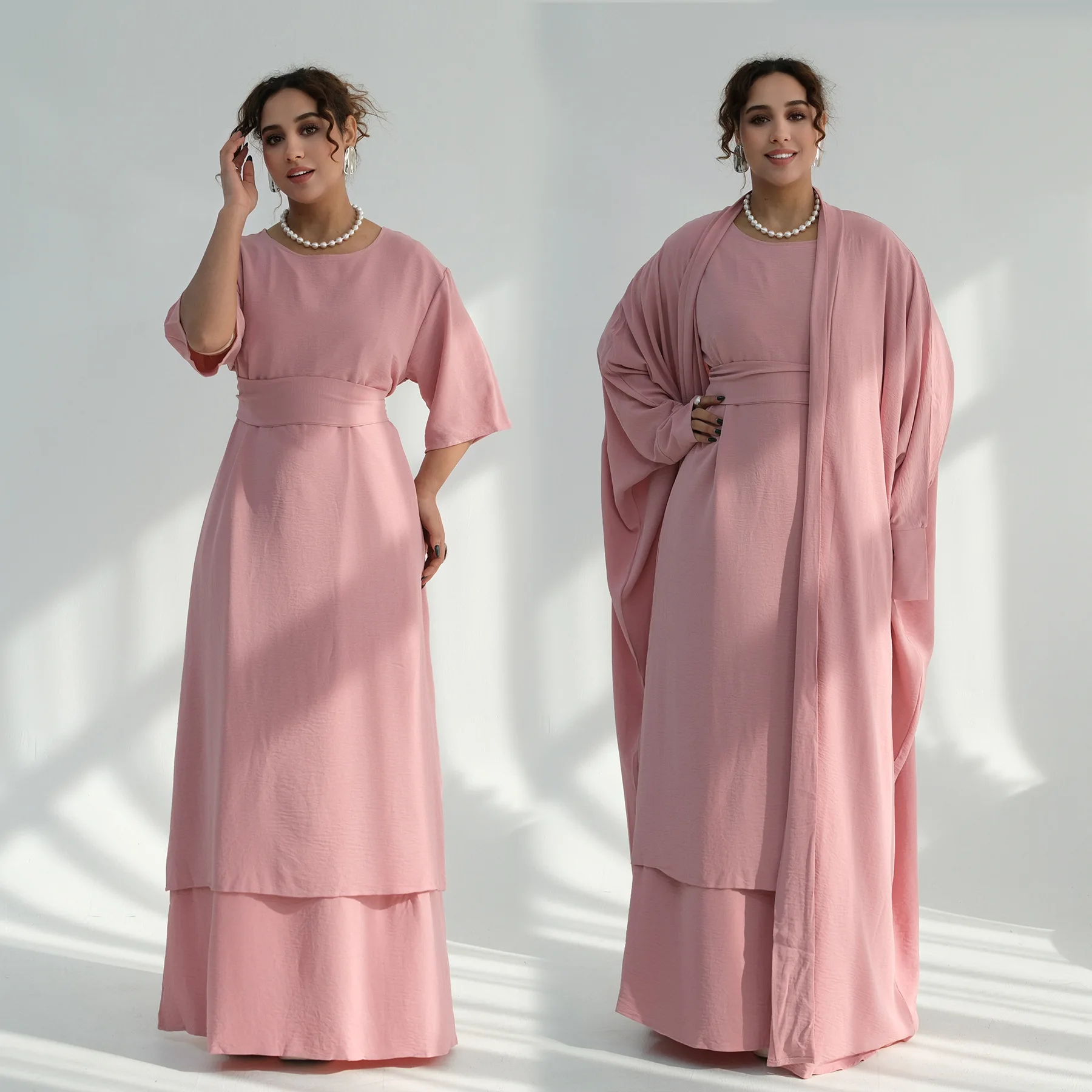 

Dress Suit Women Eid Abaya Muslim Cardigan Robe Dresses 2 Piece Set Sashes Jalabiya Ramadan Vestidos Morocco Dubai Kaftan