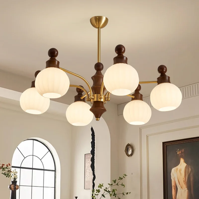 

French medieval style living room chandelier 2025 new atmospheric retro main light high-end walnut solid wood lamps