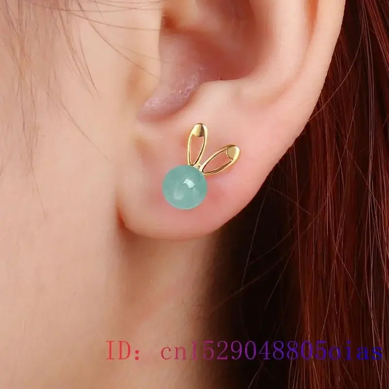 Pendientes de conejo de Jade de nefrita tallados para mujer, accesorios de plata 925 verde, regalo Real, pendientes naturales, amuletos, piedras preciosas chinas