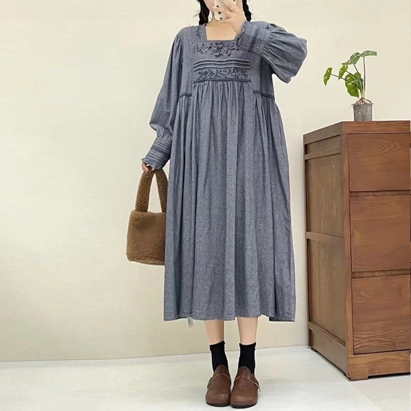 Johnature Japanese Embroidery Pressed Pleated Two-color Cotton Linen Dress Spring New Retro Simple Square Neck Women Dresses