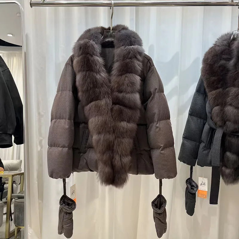 2026, Women's Fox Fur Collar Down Jacket, Drawstring-Waist Warm Wool Jacket, High-Quality 100% Goose Down-Filled Top, Y2K