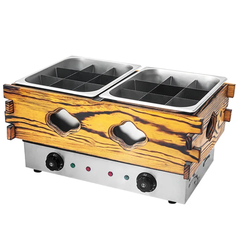 Commercial Electric Hot Pot Machine, Double Basin 18 Compartments, Oden Cooker for Skewers and Spicy Hot Pot, Wooden Box Design