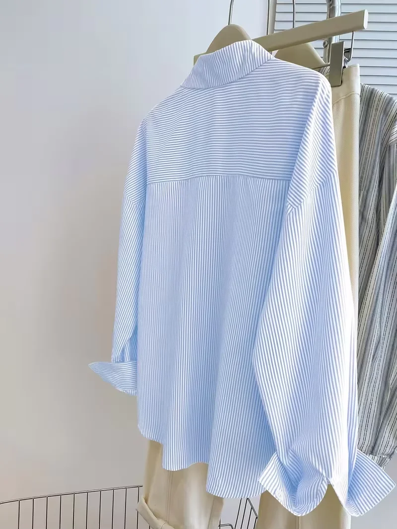 blusa feminina de manga comprida, camisa feminina casual de manga comprida com estampa de cavaleiro listrada e botões frontais