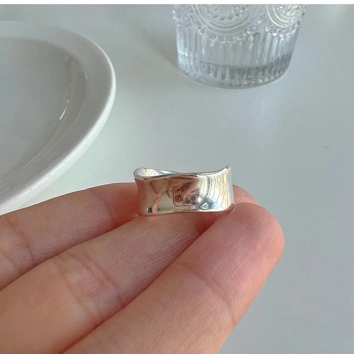 New 925 Sterling Silver Open Rings for Women Fashion Couple Handmade Smooth Wide Irregular Ring Prevent Allergy Jewelry Gifts