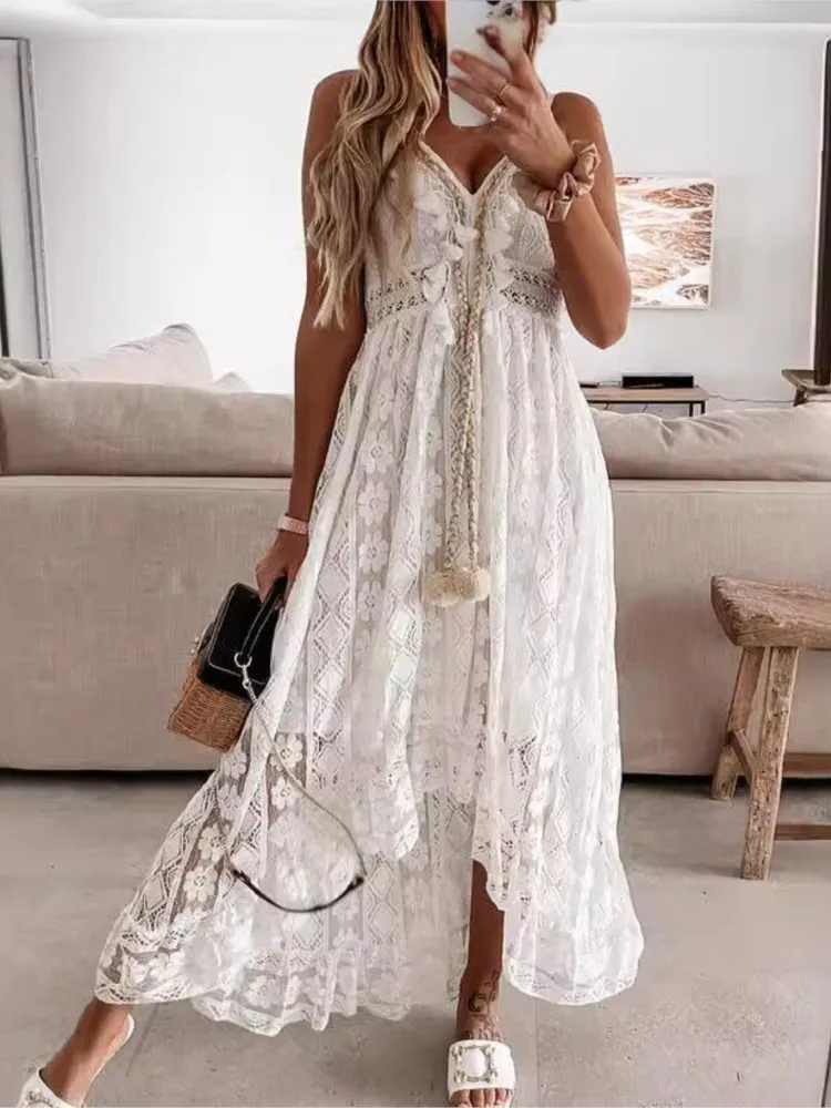 

Women's Summer New Fashionable Lace Up Sexy V-neck Hollow Lace Sleeveless Suspender Solid Color Irregular Long Skirt Dress