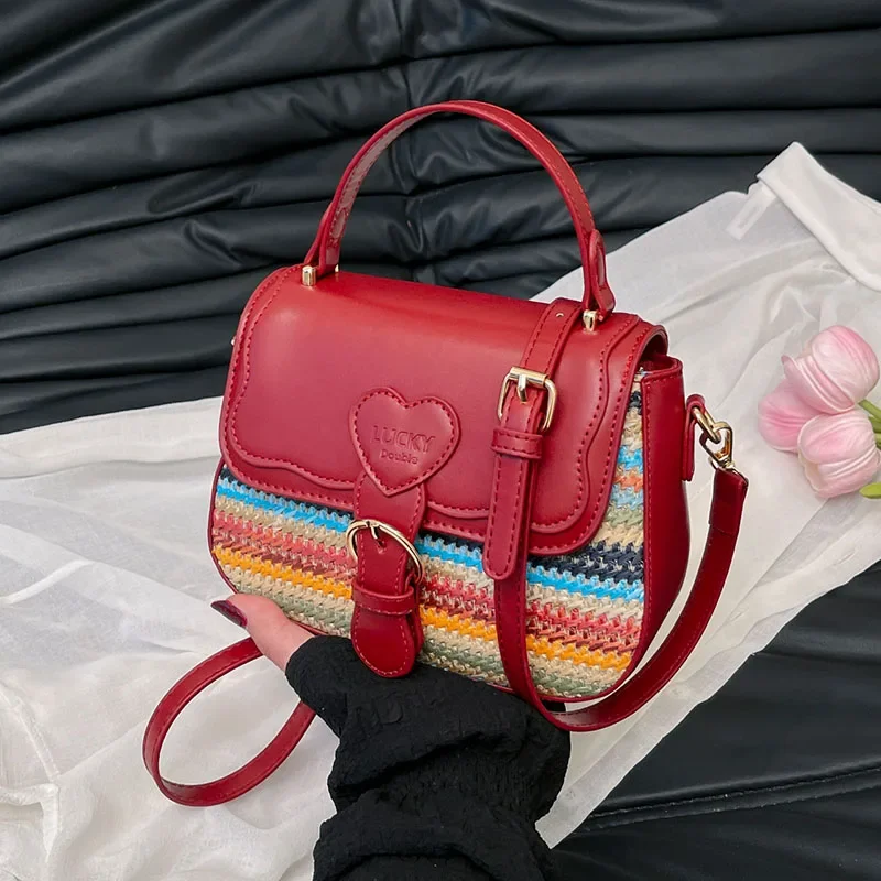 

Small Square Bag Fashion Straw + Leather Handbag Women Summer Rattan Bag Handmade Woven Beach Shoulder Crossbody Bag Bohemia
