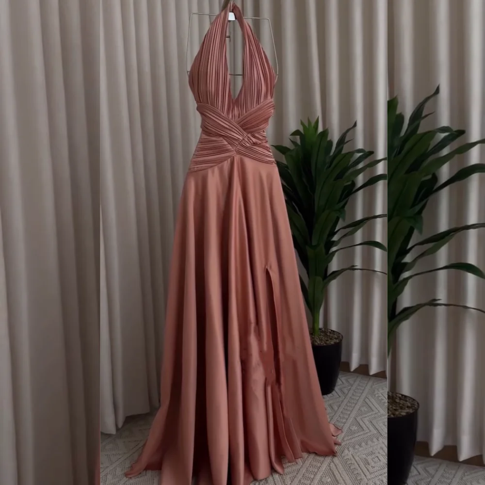 

Customized Retro Charmeuse Pleat Criss-Cross A-line Halter Knee Length Dresses Bespoke Occasion Evening Matching