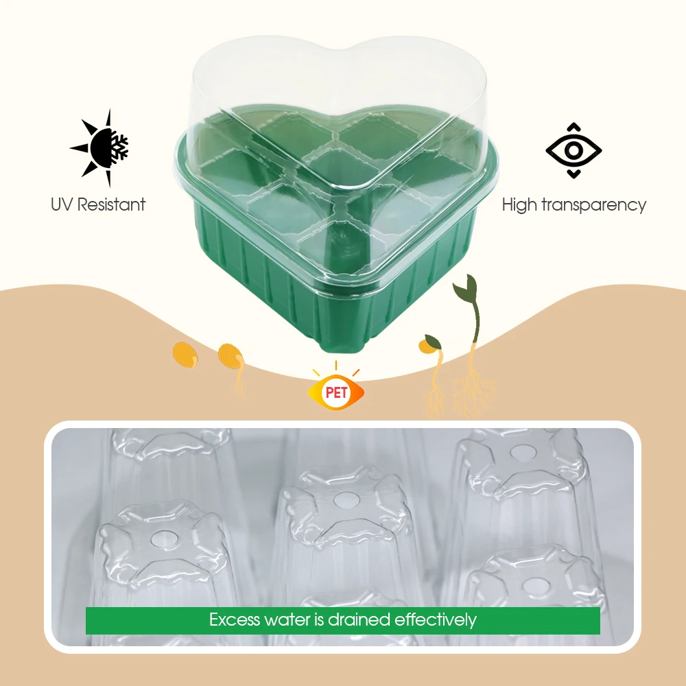 Heart-Shaped Seedling Tray for Home Gardening 8-Hole Eco-Friendly PET Seed Starter with Drainage & Transparent Lid Balcony Use