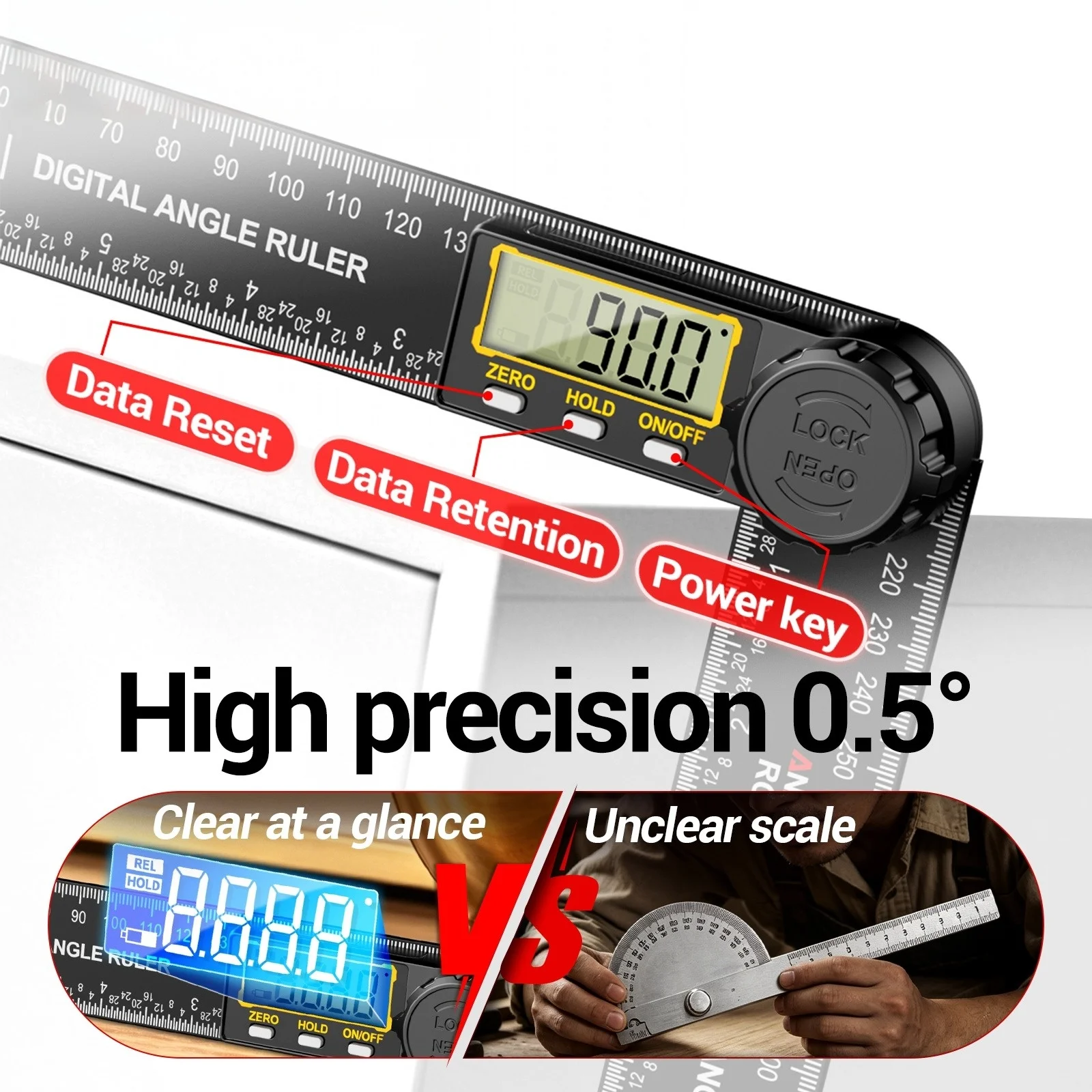 ANENG RC01 Digital Angle Ruler 0-999.9° Mini Inclinometer with 0.1 Division Value for Home DIY Parts Tilt Angle Measurement Tool