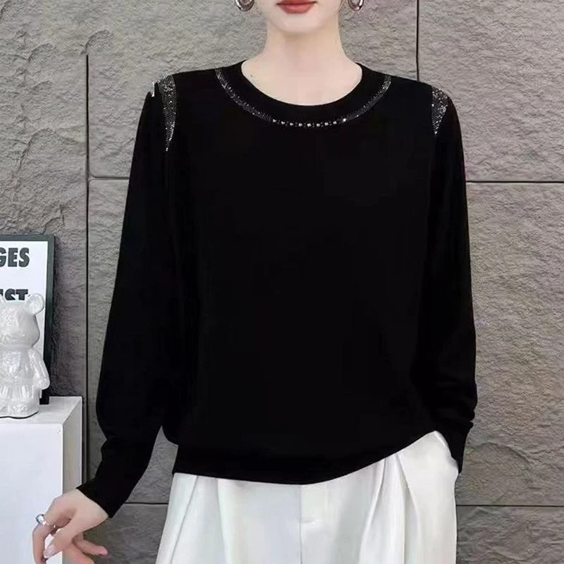 Elegant Plus Size Women Rhinestone Knit Sweater Loose Slim Faux Wool Basic Top For Middle Aged