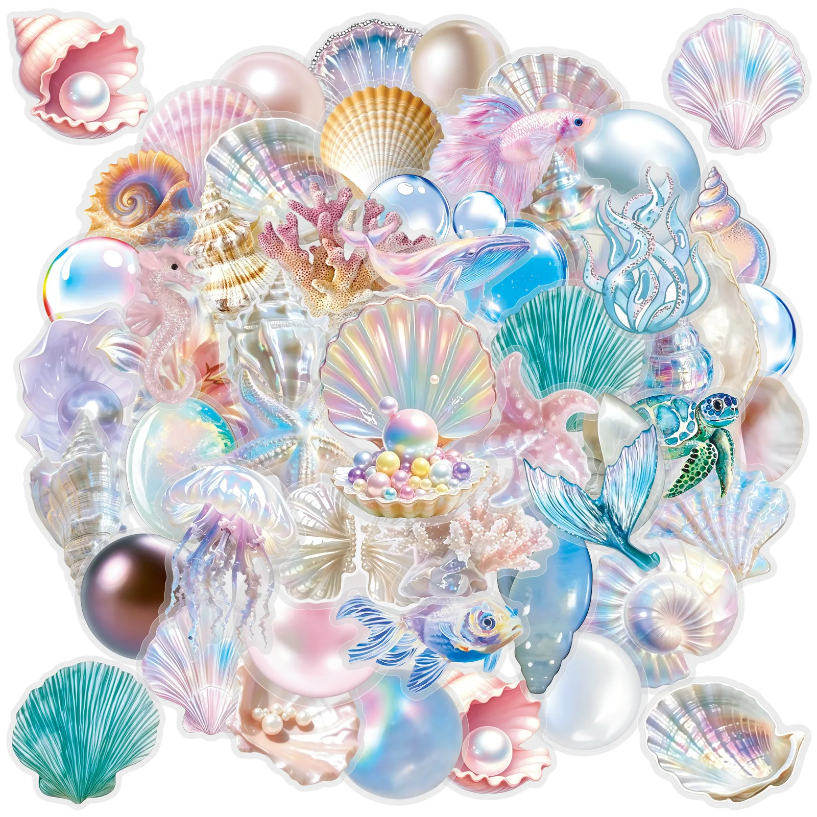 50Pcs Transparent Colorful Pearl Shell Stickers Marine Life Cartoon Decals Water Bottle Phone Notebook Decoration Sticker Packs