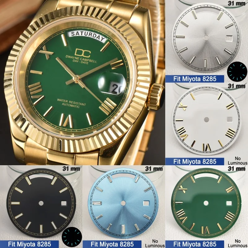

31mm Dials Suitable for Miyota 8285 Day Date Watch Modified Dial Calendar Week Display Feature Blue Luminous Roman Numerals Face