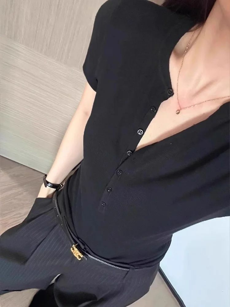 T-shirt da donna lavorata a maglia in seta di ghiaccio ort Sve V-Ne Slim Fit Summer Commute Sle Coreano Faion Abbigliamento interno casual Top