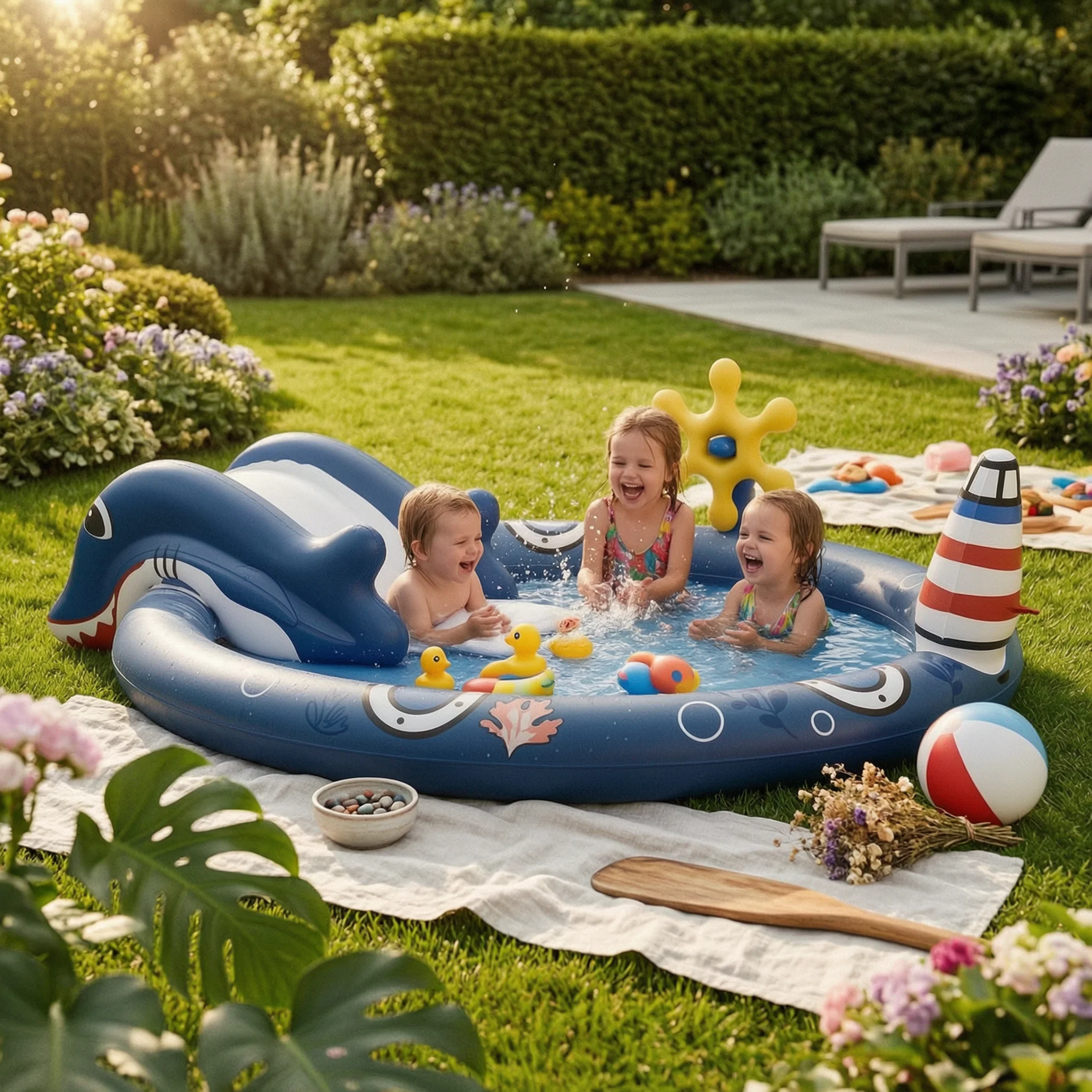 Inflatable Splash Pool Dolphin Slide Starfish Spray Round Outdoor Play Gear for Family Backyard Water Activities