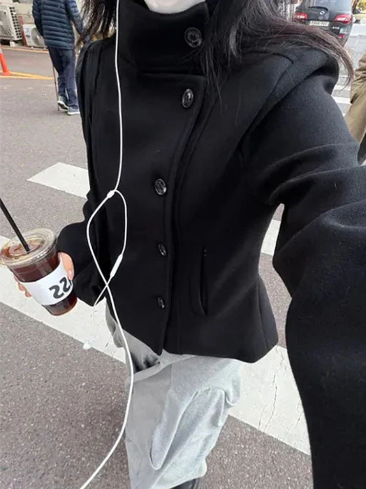 Women's stand up collar single breasted blended jacket loose oversized Y2K Korean street wear short winter jacket