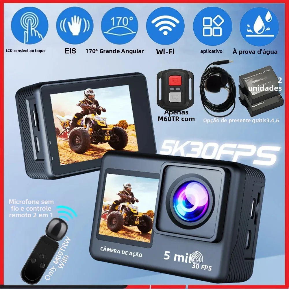 Câmera de Ação 5K 4K60FPS 50MP com Tela Dupla Touch de 2 Polegadas, Zoom 5X, Wi-Fi e EIS 170 °   Câmera Esportiva DVR com Microfone Sem Fio à Prova d'Água 30M