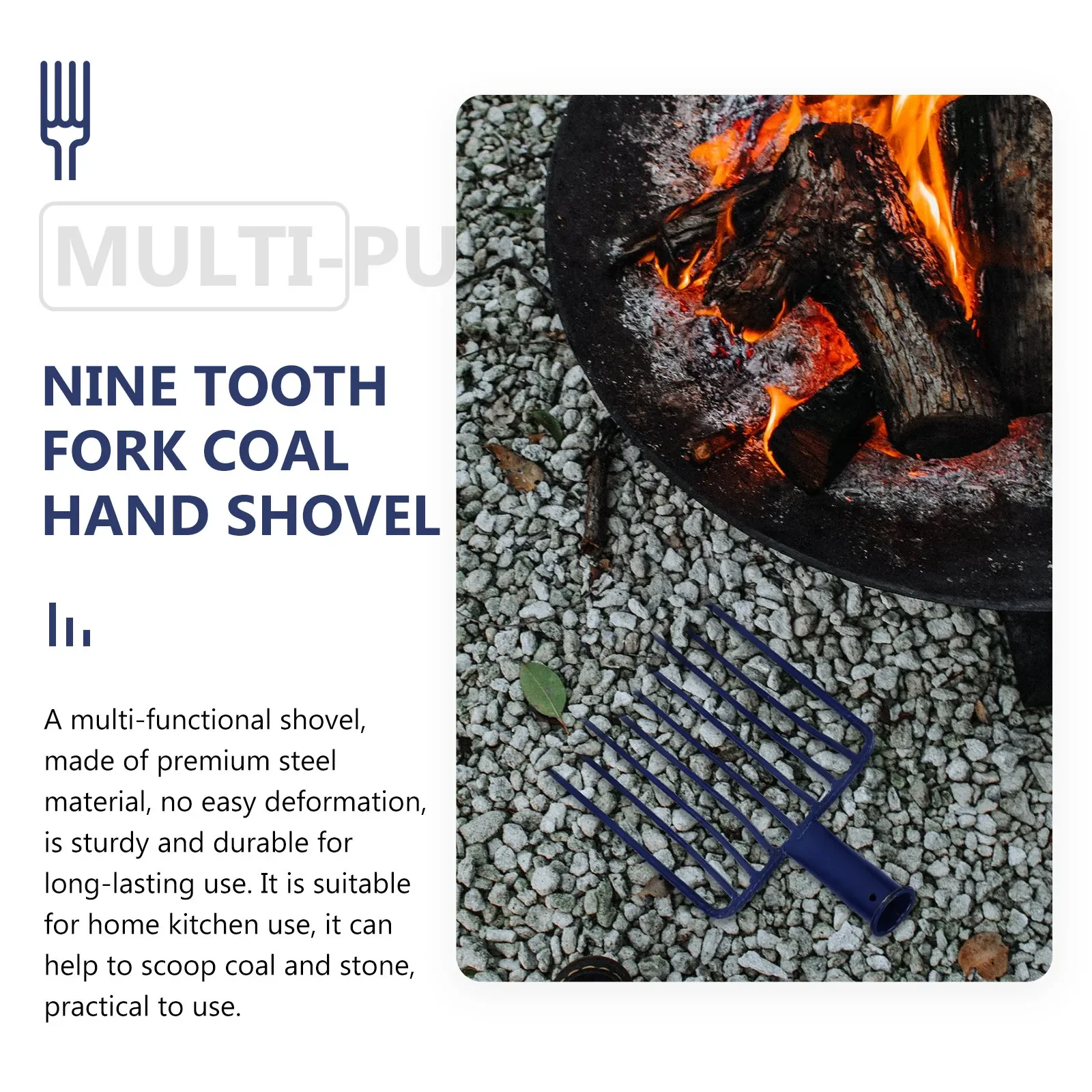 1Pcs High-Quality Nine-Tooth Steel Fork Rake for Coal Charcoal Stone Soil Gravel Mulch Gardening Fireplace Efficiency Tool