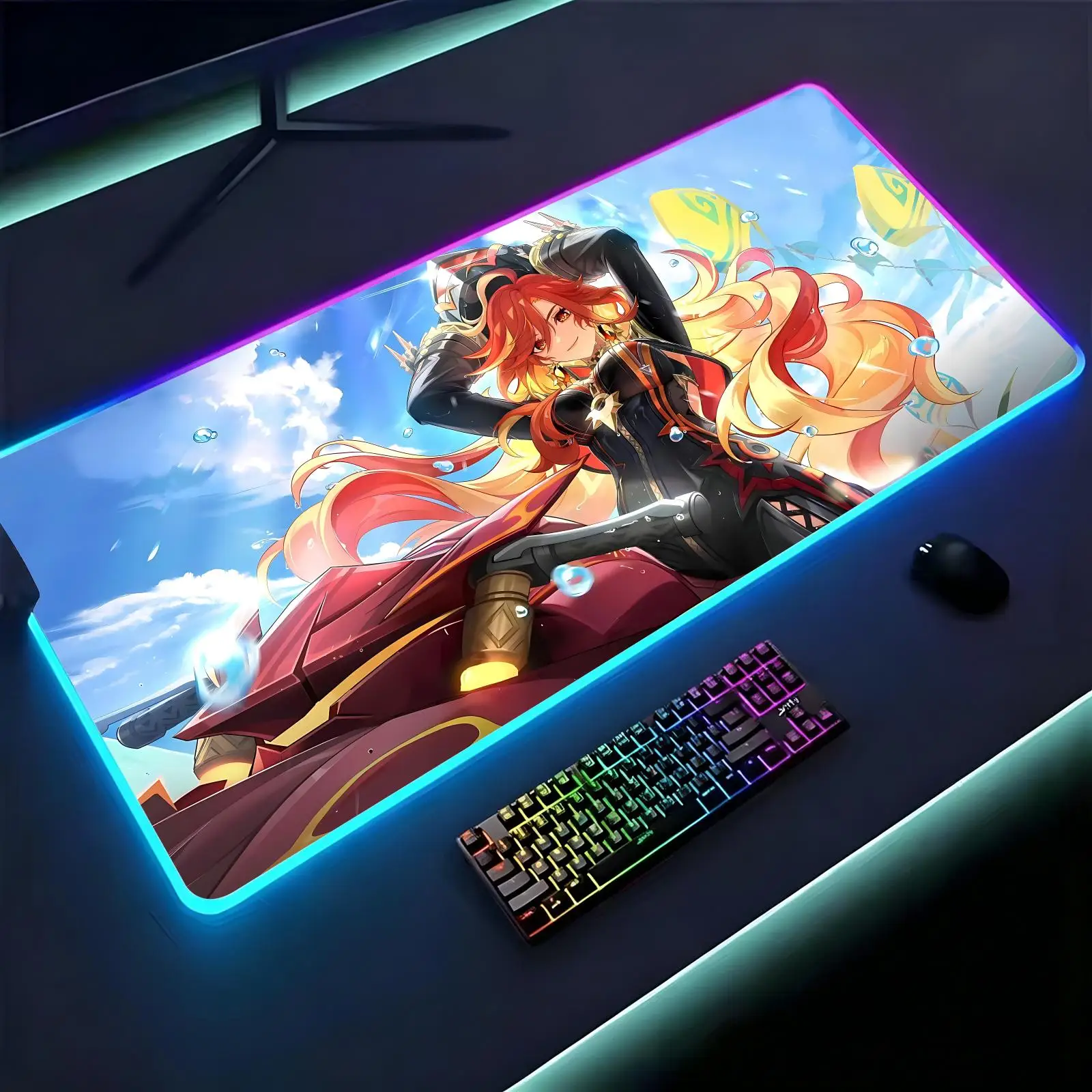 Large RGB backlit esports gaming mouse pad, Genshin Impact Mavuika smooth soft cloth surface, LED luminous extended desk mat