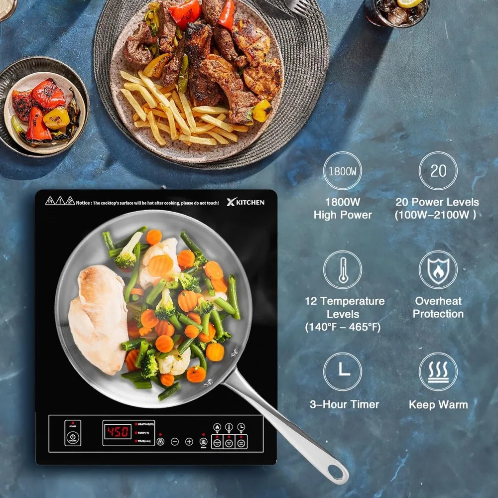 Portable Induction Cooktop 1800W Induction Burner with 12 Temp levels, 9 Power levels, Lock, 3 Hour Timer, Warm Function