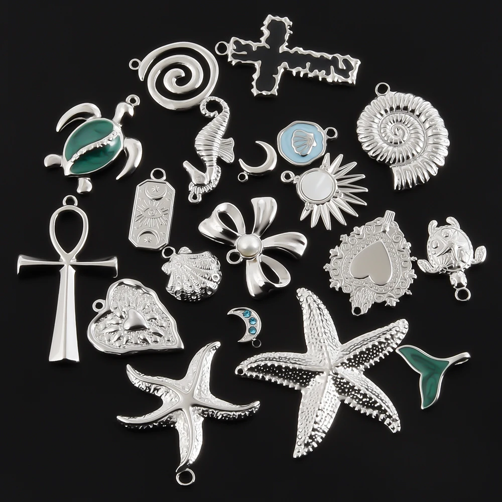 304 Stainless Steel Cross Starfish Conch Pendants For Jewelry Making Supplies Heart Shell Charm DIY Beach Accessories Materials