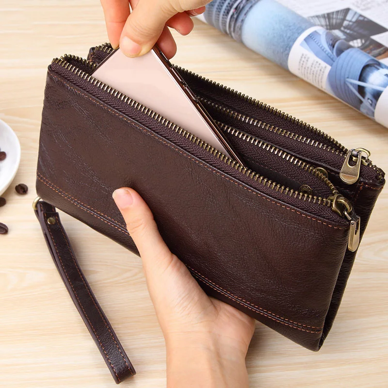 

Genuine Leather Men's Wallet Long Multi-Card Holder Large Capacity Wallet For Men Mobile Fashion Phone Purse Oil Wax Hand Bag