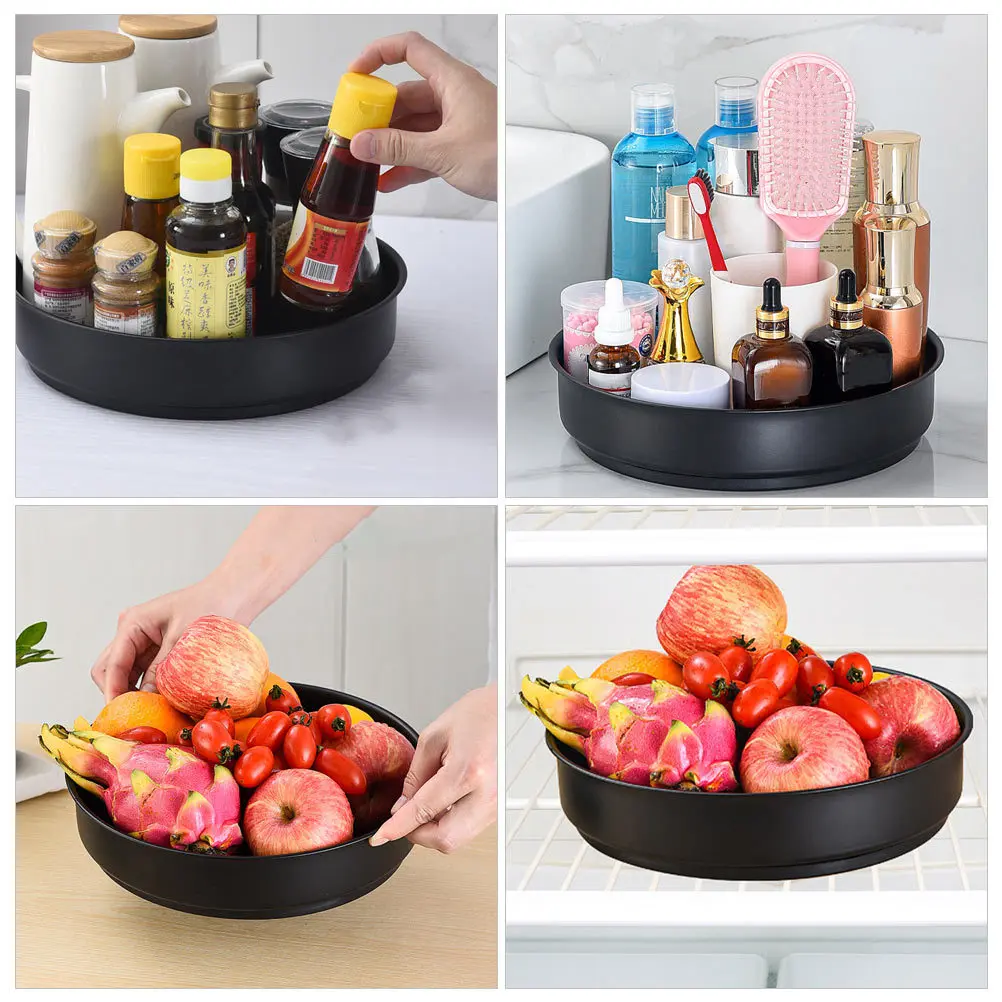 

1Pcs Rotating Seasoning Storage Tray Black Desktop Kitchen Sundries Holder Fruit Plate Multipurpose Organizer Round Tray